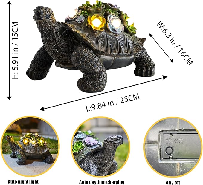 Solar Powered Succulent Turtle Statue, Resin Garden Decor with LED Lights, Waterproof Outdoor Ornament for Patio, Yard, Lawn, Porch, Unique Housewarming Gifts