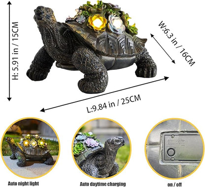 Solar Powered Succulent Turtle Statue, Resin Garden Decor with LED Lights, Waterproof Outdoor Ornament for Patio, Yard, Lawn, Porch, Unique Housewarming Gifts
