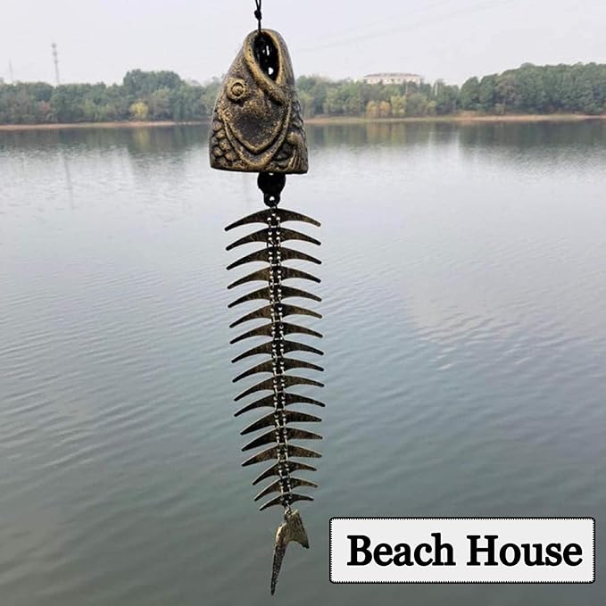 WANLIAN Fish Skeleton Wind Chime, Fish Wind Chime for Patio Porch Garden Balcony Beach House, Soothing Melody Gift for Fishing Lovers Housewarming Birthday Holiday