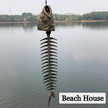 WANLIAN Fish Skeleton Wind Chime, Fish Wind Chime for Patio Porch Garden Balcony Beach House, Soothing Melody Gift for Fishing Lovers Housewarming Birthday Holiday