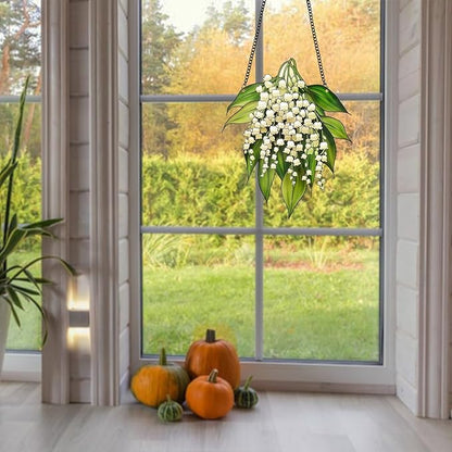 Suncatchers for Windows Hanging Lily of The Valley Stained Glass Suncatcher Flower Garden Decor Living Room Wall Decor for Grandma, 6 Inch