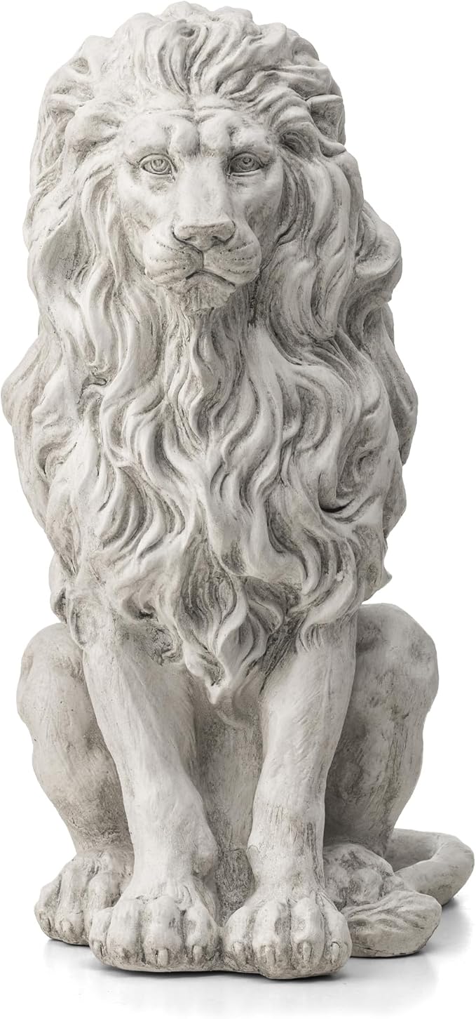 Glitzhome Guardian Sitting Lion Garden Statue MGO Outdoor Decoration, 20.75" H, White