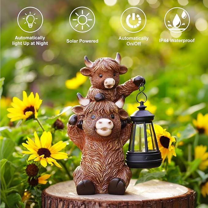 Solar Highland Cow Garden Decor - Resin Cow Statue with Solar Lantern Outdoor Yard Patio Decor - Ideal Gifts for Women,Mom Men (Copper)
