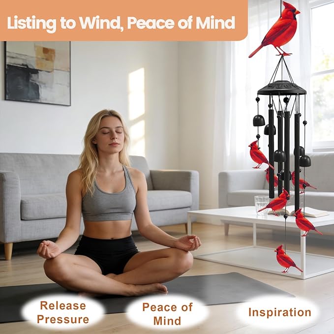 AVEKI Metal Cardinal Wind Chimes for Outside, Cardinal Gifts for Women Mother's Day Birthday Christmas, Black Wind Chime with 7 Cardinal Birds, Outdoor Windchimes Decor for Garden Patio (Red Cardinal)