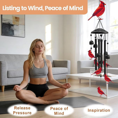 AVEKI Metal Cardinal Wind Chimes for Outside, Cardinal Gifts for Women Mother's Day Birthday Christmas, Black Wind Chime with 7 Cardinal Birds, Outdoor Windchimes Decor for Garden Patio (Red Cardinal)