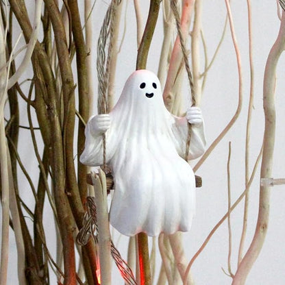 Swing Ghost Garden Statue Outdoor Halloween Decor, 3.39 Inch Cute Ghost Figurine Resin Sculpture Funny Tree Hanging Ornaments for Patio Lawn Yard