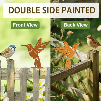 6 Pcs Hummingbirds Fence Decor, Outdoor Garden Metal Bird Decoration, Metal Art Ornament for Yard, Double-Side Design