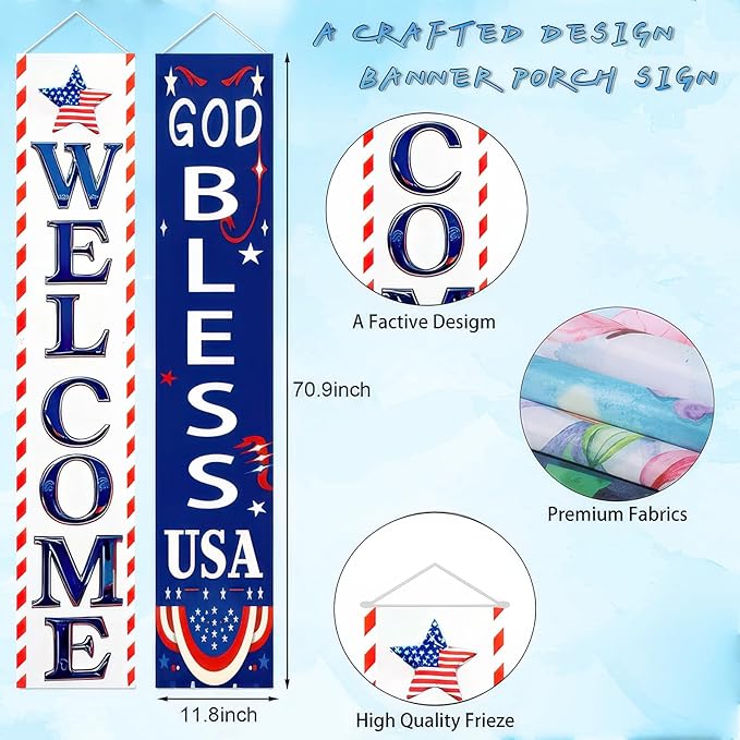 BlissYard 2Pcs Welcome Patriotic Door Banner 4th of July Decorations American Banners Hanging Porch Signs Decor for Independence Memorial Day Veterans Labor Day for Yard Indoor Outdoor Supplies