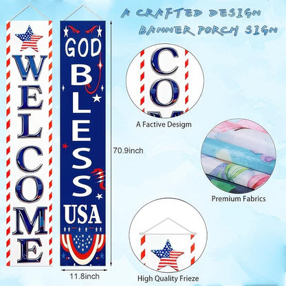 BlissYard 2Pcs Welcome Patriotic Door Banner 4th of July Decorations American Banners Hanging Porch Signs Decor for Independence Memorial Day Veterans Labor Day for Yard Indoor Outdoor Supplies