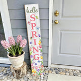 Hello Spring Porch Sign, Flower Butterfly Sign for Front Porch, Pink Tulip Wooden Sign Yard, Vertical Wood Sign Standing for Patio Front Door Porch, Farmhouse Holiday Home Party Entryway Yard Wall Decor Indoor Outdoor, 47x8 inch