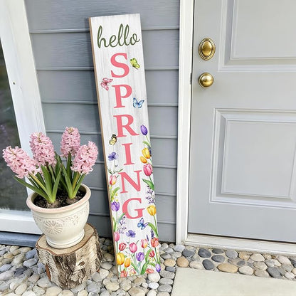Hello Spring Porch Sign, Flower Butterfly Sign for Front Porch, Pink Tulip Wooden Sign Yard, Vertical Wood Sign Standing for Patio Front Door Porch, Farmhouse Holiday Home Party Entryway Yard Wall Decor Indoor Outdoor, 47x8 inch