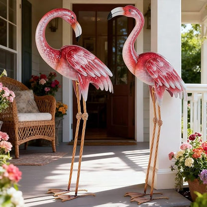 Natelf Pink Flamingo Yard Decorations, Metal Garden Statues and Sculptures, Standing Bird Lawn Ornaments for Patio Backyard Pond Decorations Set of 2