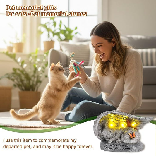 Cat Memorial Stones with Solar Angel Wing Cardinal Butterfly 8 Inch, Sleeping Cat Grave Markers Outdoor Waterproof Pet Loss Sympathy Gift for Garden or Tombstone Statue
