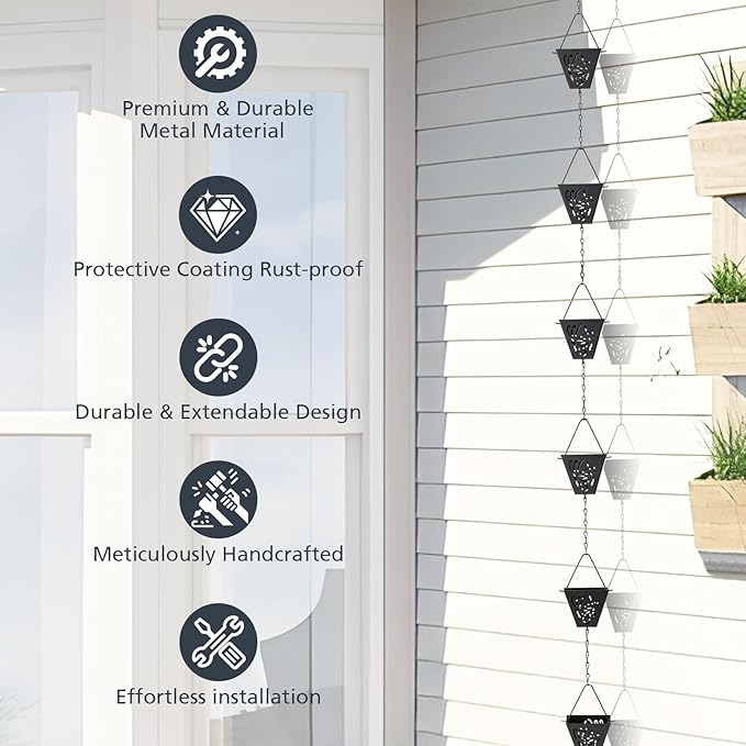 8.5 Ft Rain Chain, Thick Metal Rain Gutter Chains, Adjustable Rain Catcher Chain for Eaves Drainage, Replacement for Downspout, Outdoor Decor