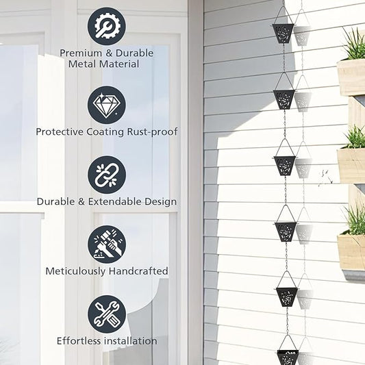 8.5 Ft Rain Chain, Thick Metal Rain Gutter Chains, Adjustable Rain Catcher Chain for Eaves Drainage, Replacement for Downspout, Outdoor Decor
