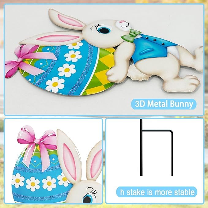 Easter Decorations Outdoor,2 Pack Metal Easter Egg Bunny Yard Signs for Outside,Cute Bunny Garden Stakes for Lawn,Yard,Rabbit Gifts for Women