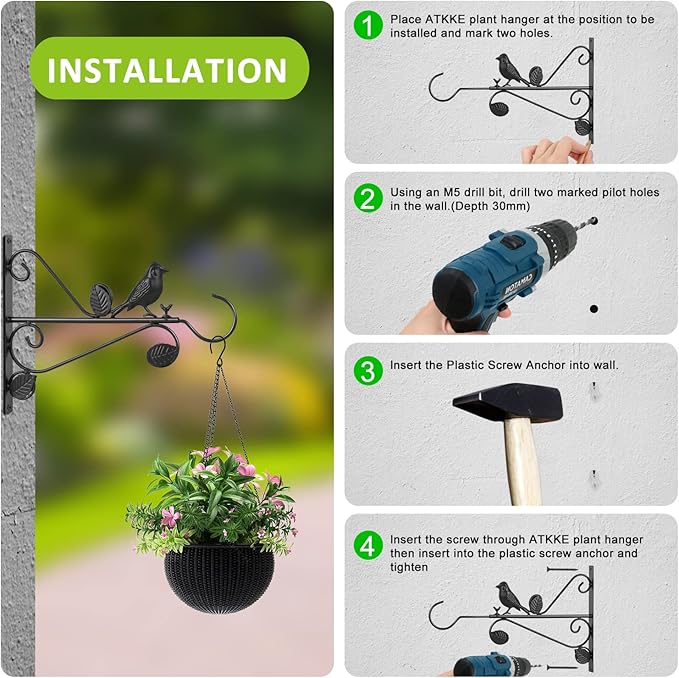 ATKKE Adjustable Wall Plant Hanger(12 to 18 inch), Bird Feeder Hook Hangers Telescopic Metal Hanging Basket Brackets for Plant Pot Hummingbird Feeder Wind Chimes Lantern String Lights, 4 Pack
