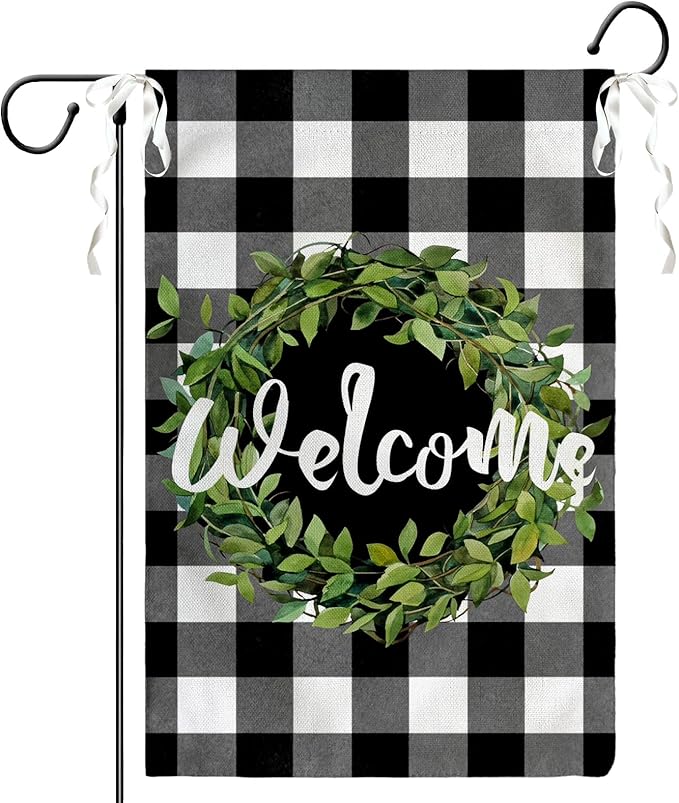 Welcome Leaves Wreath Garden Flags 12x18 Double Sided Summer Black White Buffalo Plaid Rustic Yard Flags Spring Seasonal Garden Flag Burlap Outdoor Lawn Decor