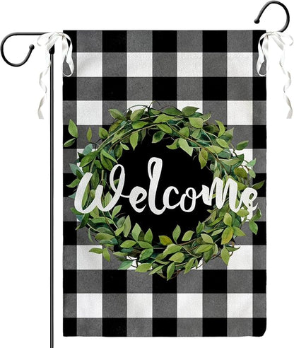 Welcome Leaves Wreath Garden Flags 12x18 Double Sided Summer Black White Buffalo Plaid Rustic Yard Flags Spring Seasonal Garden Flag Burlap Outdoor Lawn Decor