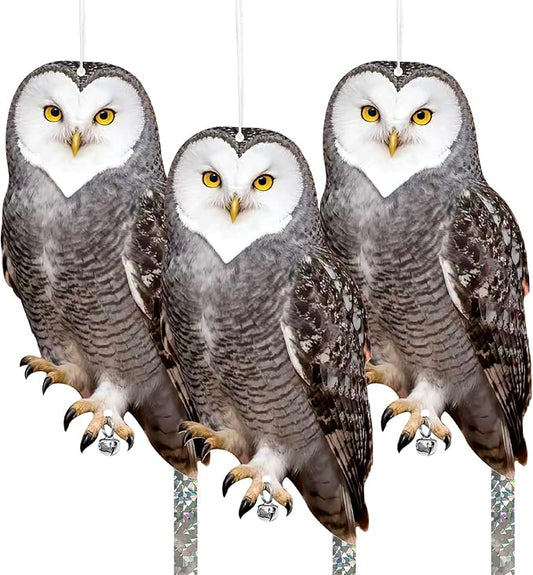 Owls to Keep Birds Away: 3Pcs Fake Owl with Reflective Tape for Orchard Garden Patio Pool, Reflective Hanging Decoration to Keep Birds Pigeon from Windows Tree Vineyard