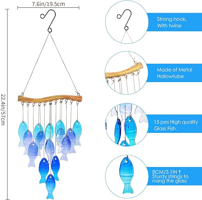 Glass Fish Wind Chimes for Outdoor Patio & Front Yard Decor, Small Unique Suncatcher Windchimes, Handcrafted Gifts for Women, Durable Outside Garden Christmas Decoration Gift