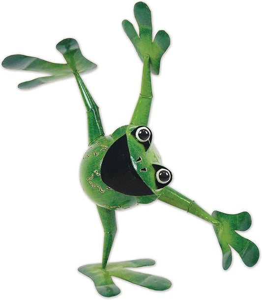 Sunset Vista Designs Outdoor Yard Decor - Green Metal Frog Garden Sculpture, 21" Tall, Dancing Pickle