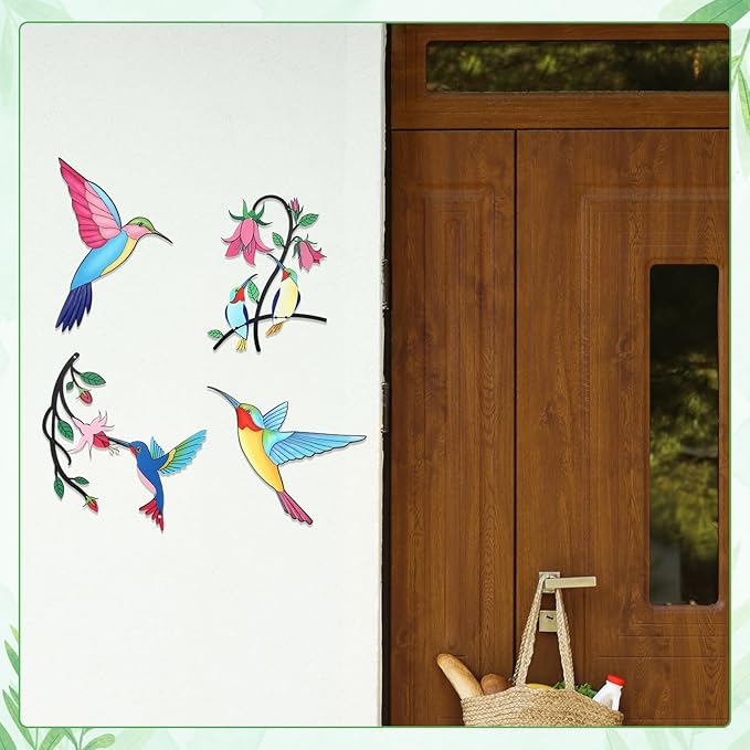 Seenelling 4 Pack Metal Hummingbird Wall Art Decor 3D Colorful Birds Outdoor Fence Decorations for Patio and Yard, Wall Sculpture Hanging Decor for Garden Living Room Balcony, Home Gift