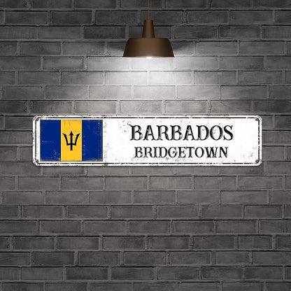 Personalized Barbados Street Sign Barbados Flag Metal Sign Capital City of Barbados Metal Sign Road Wall Art Rustic Country City Indoor & Outdoor Decor for Home Man Cave Door Porch Garden 18x4in