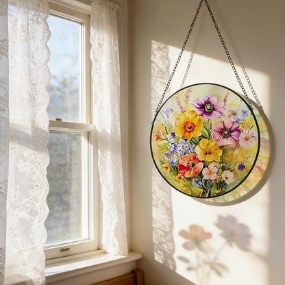 Stained Glass Window Hanging, 9.8 Inch Poppy & Wildflower Suncatcher for Window Hanging, Vibrant Glass Art for Garden Home Window Decor, Gift for Mom, Grandma, Wife, Nana