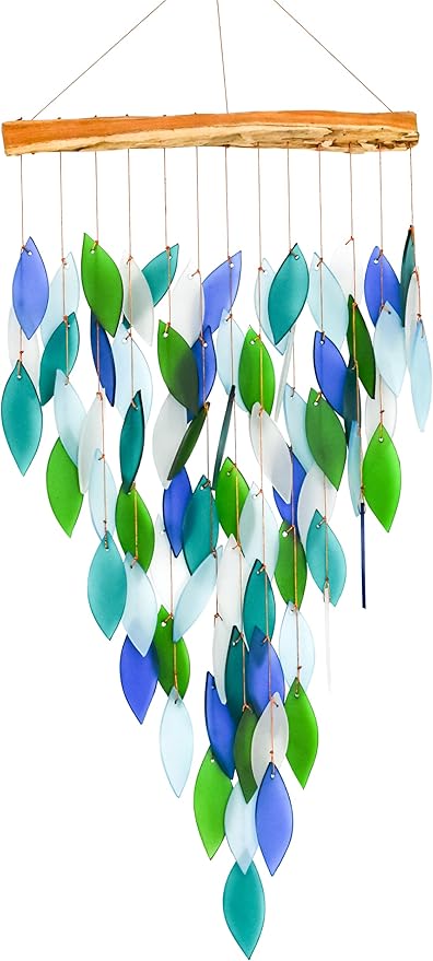 Blue Handworks Deluxe Ocean Waterfall & Driftwood Chime, Sandblasted Glass and Found Wood Handcrafted Wind Chime