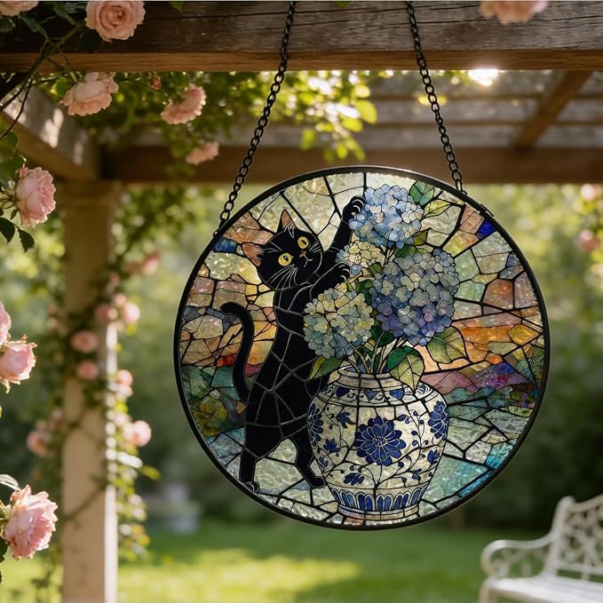 Chinoiserie Hydrangea Black Cat Stained Glass Window Hanging, Funny Cat Flower Suncatcher Indoor Window Glass Round Wall Art Decor, 7.9x7.9 Inch