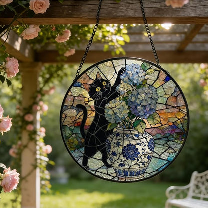 Chinoiserie Hydrangea Black Cat Stained Glass Window Hanging, Funny Cat Flower Suncatcher Indoor Window Glass Round Wall Art Decor, 7.9x7.9 Inch
