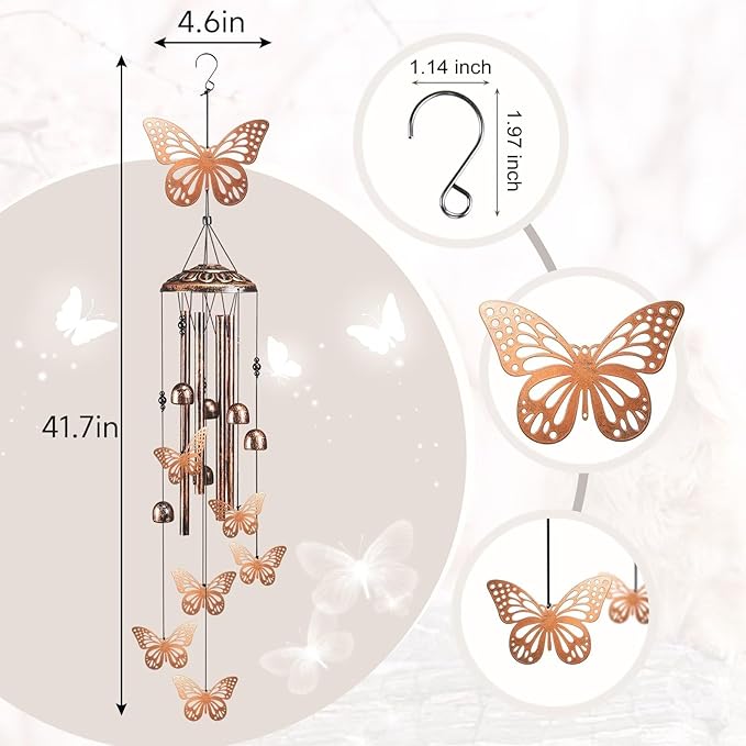 Butterfly Wind Chimes for Outside,41" Metal Windchimes, Housewarming/Easter/Halloween/Festival/Memorial Gifts for Women/Men, Butterfly Decorations for Outside, Patio, Garden or Yard
