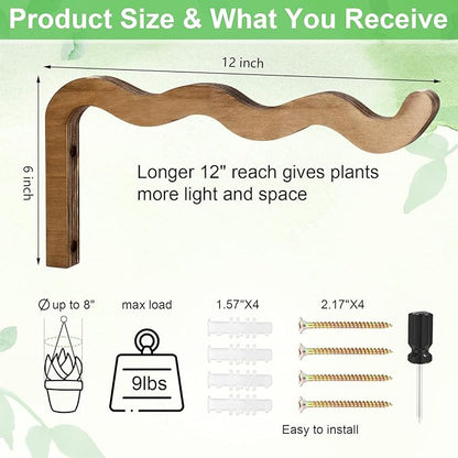 2 Pack Wooden Wall Plant Hangers, 12 Inch Wavy Hanging Plant Hooks Walnut Color Hanging Brackets for Indoor Outdoor Flower Pots, Wind Chimes, Lanterns, Bird Feeders