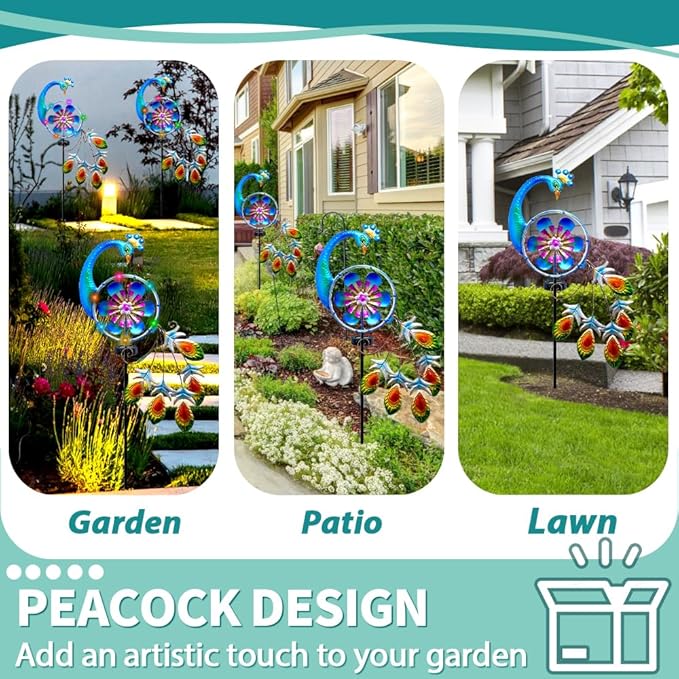 Wind Spinners Outdoor for Yard and Garden - Wind Sculptures & Spinners - 41 Inch Wind Spinner with Solar Powered Multi-Color Light for Yard Garden Backyard Lawn Peacock Decorations