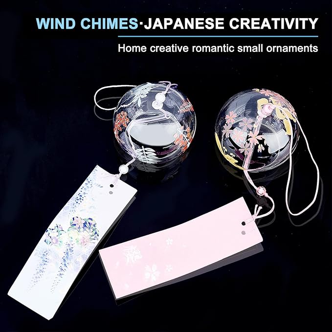 BENECREAT 2PCS Japanese Wind Chimes Pink & Purple Glass Wind Bells Handmade Pendants for Birthday Gift, Home Christmas Party Decorations