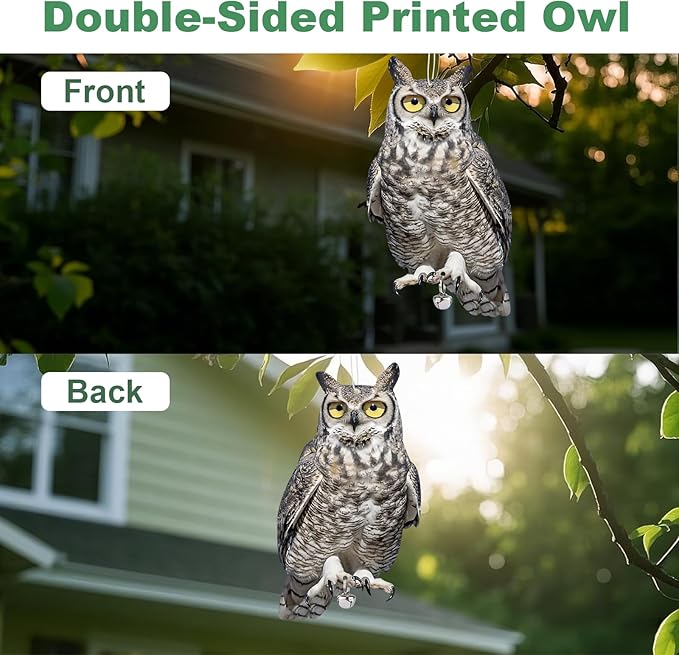 4PCS Reflective Plastic Owl Hanging Decoration Dual-Side Printed Raster Fake Eagle Garden Owl with Scare Tape for Garden Patio Windows