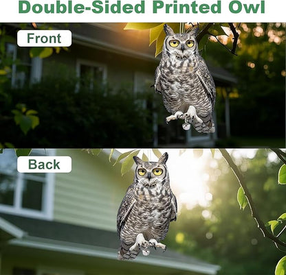 4PCS Reflective Plastic Owl Hanging Decoration Dual-Side Printed Raster Fake Eagle Garden Owl with Scare Tape for Garden Patio Windows