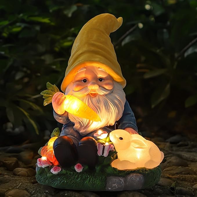 Solar Garden Outdoor Statues Gnome Feeding Rabbit with 6 LED Lawn Decor Outside Decorations for Patio, Balcony, Yard Ornament Unique Garden Gift