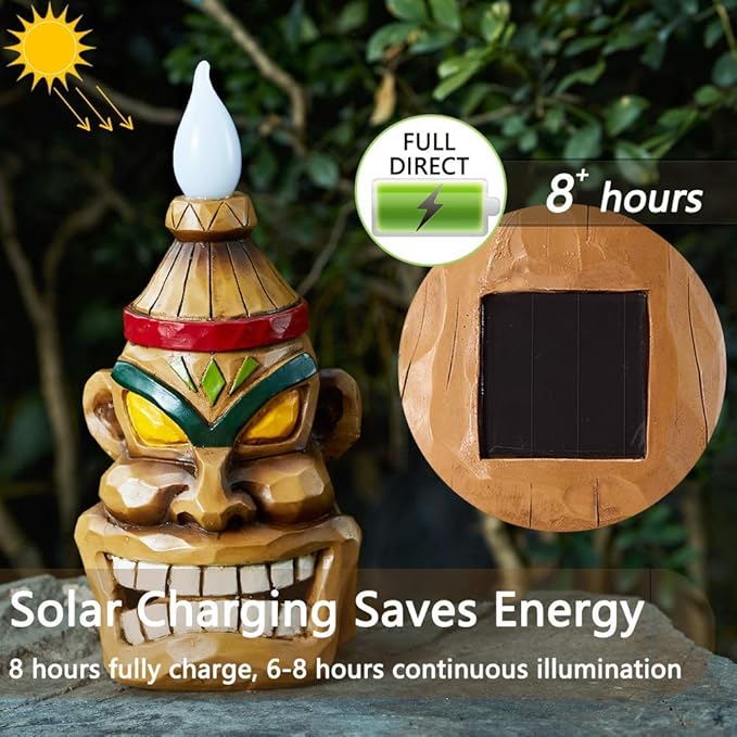 Outdoor Solar Tiki Statue Decor - Tiki Bar Decoration - Torch Tiki Head Statues for Patio, Yard, Backyard, Lawn, Garden Gift, Garden Tiki Figurine 8.74 Inch Tall