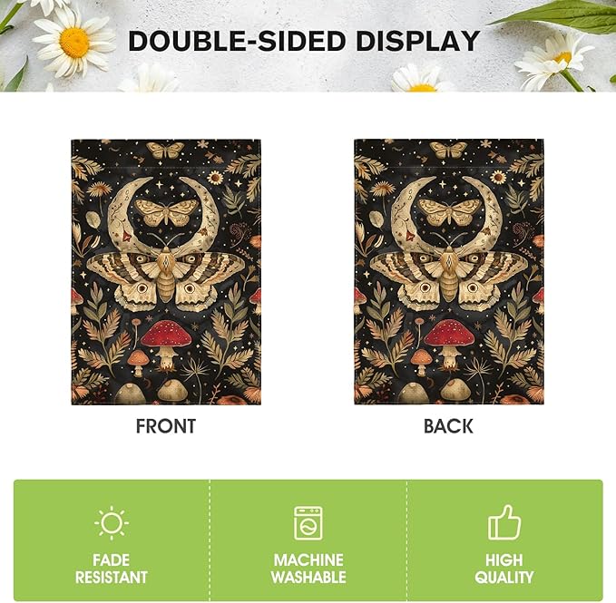 AVOIN colorlife Forest Garden Flag 12x18 Inch Double Sided Outside, Mushroom Moon and Moth Yard Outdoor Flag R034