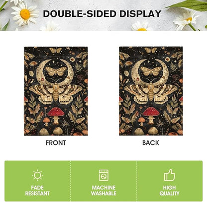 AVOIN colorlife Forest Garden Flag 12x18 Inch Double Sided Outside, Mushroom Moon and Moth Yard Outdoor Flag R034