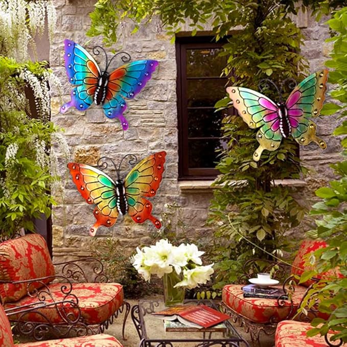 Miyolo 2 Pcs Metal Butterflies Fence Yard Art Garden Decor, 11" Large Butterfly for Outdoor Patio Backyard Balcony Sculpture, Colorful