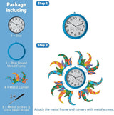 Large Blue Sun Outdoor Clock with Thermometer and Hygrometer Combo, Silent No-Ticking Outdoor Wall Clock, Waterproof Quartz Clock for Patio, Living Room, Kitchen, Garden, 25 Inch