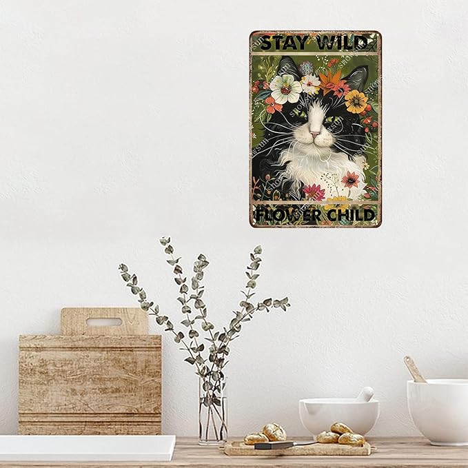 snowsun Vintage Metal Signs Cat Stay Wild Flower Child Funny Tin Sign Home Decor Wall Plaque for Living Room Bedroom Garden Yard Cafe Garage 8×12 Inches