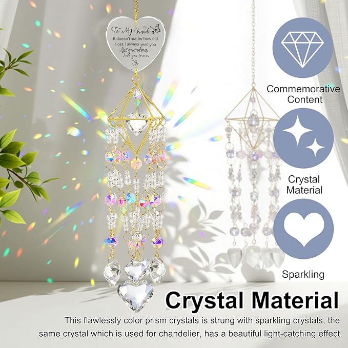 AceOrbit Grandma Thank You Gift, Crystal Suncatchers for Window Hanging Wind Chime Garden Suncatchers Rainbow Indoor Outdoor Decor Dazzling Unique Birthday Gifts for Grandma