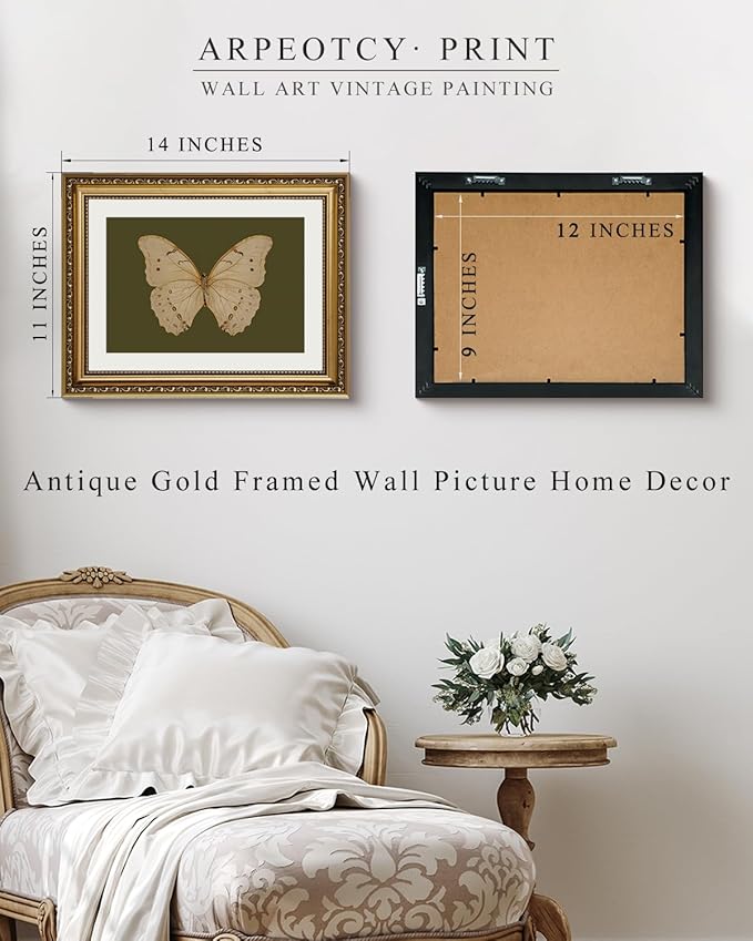 ARPEOTCY Vintage Gold Framed Wall Art, Classical White Butterfly Paintings, Dark Moody Green Canvas Prints Artwork with Frame, Victorian Wall Decor for Living Room Bathroom Bedroom 11x14 inch
