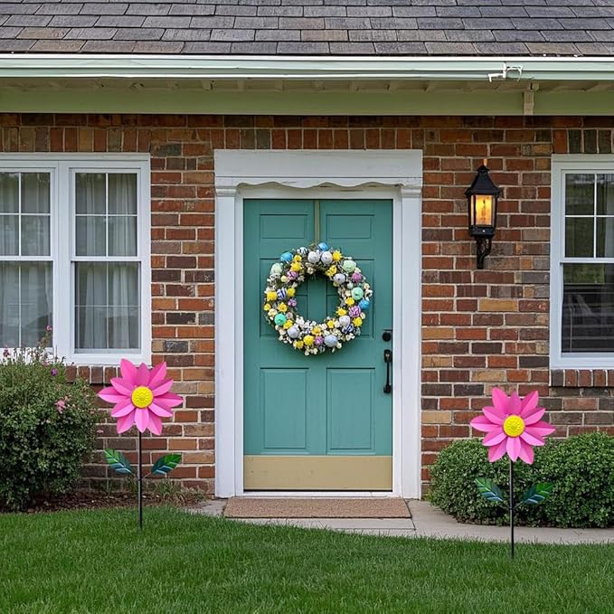 Metal Sunflower Wind Spinner,45 in Double Layer Sun Flower Windmill with Green Leaves and Stake,360° Rotating Sunflower Decor Wind Pinwheel Sculpture for Garden Yard Patio Lawn Decor (Pink)