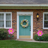 Metal Sunflower Wind Spinner,45 in Double Layer Sun Flower Windmill with Green Leaves and Stake,360° Rotating Sunflower Decor Wind Pinwheel Sculpture for Garden Yard Patio Lawn Decor (Pink)
