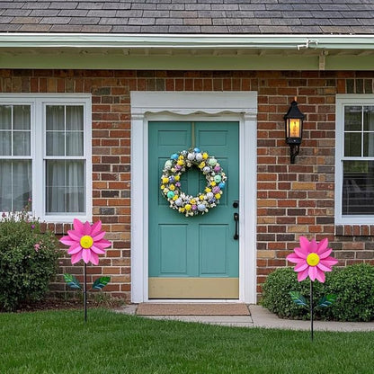 Metal Sunflower Wind Spinner,45 in Double Layer Sun Flower Windmill with Green Leaves and Stake,360° Rotating Sunflower Decor Wind Pinwheel Sculpture for Garden Yard Patio Lawn Decor (Pink)